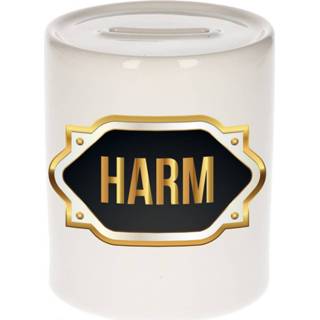👉 Spaarpot multi gouden keramiek mannen active Naam cadeau Harm met embleem