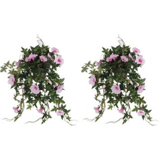 👉 Kunstplant groene roze 2x stuks Petunia lichtroze bloemen kunstplanten 50 cm