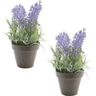 👉 2x Groene Lavandula lavendel kunstplanten 17 cm met zwarte pot