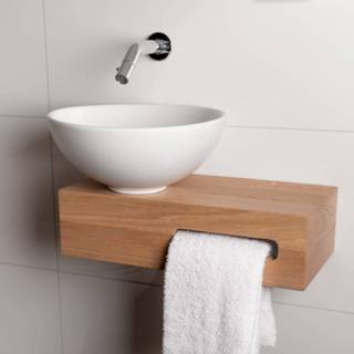 👉 Toiletset eiken houten nikkel Wiesbaden Oak compleet met Hotbath inbouwkraan, waskom links, blad, sifon en afvoerplug geborsteld SW505499