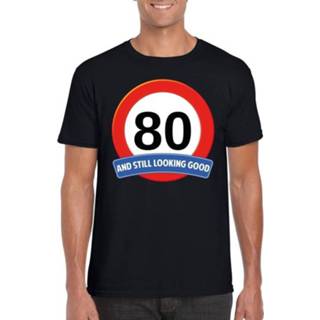 👉 Verkeersbord zwart katoen mannen active leeftijd 80 jaar t-shirt heren