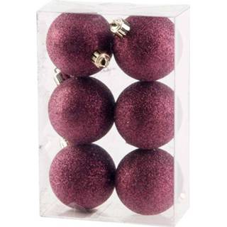 Kerstbal roze kunststof 6x stuks glitter kerstballen aubergine 6 cm