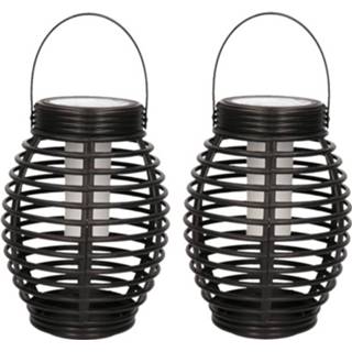 👉 Lantaarn zwart 2x Tuindecoratie solar lantaarns lampen met vlam effect 19 cm