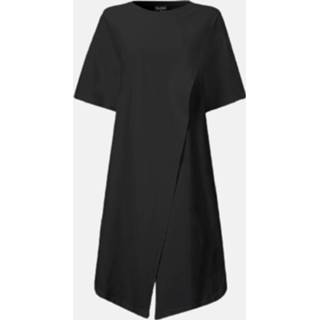 👉 Shirt cotton l vrouwen zwart Solid Color Slit Long T-shirt