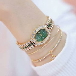 👉 Strass armband groene diamant gouden active vrouwen BS beesister FA1581 dames achthoekige wijzerplaat vergulde quartz horloge (gouden schelp diamant)
