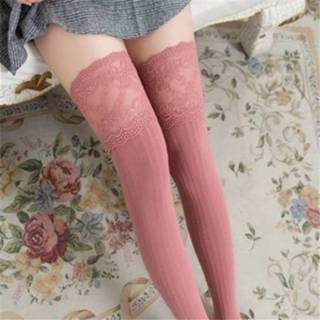 👉 Kanten kous roze antislip active kousen boven de knie dijbeenkousen Katoenen sokken met verticale strepen (roze)