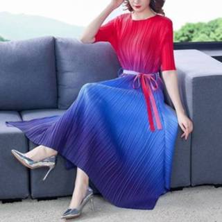 👉 Halflange jurk rood active Geplooide elegante kleurverloop Grote maat losse en dunne (kleur: verloop Maat: gratis maat)