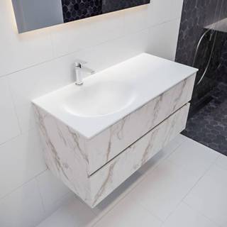 👉 Badmeubel melamine marmer mat MONDIAZ VICA 100cm carrara 2 lades wastafel moon links met 1 kraangat PC75341556 6011440141134