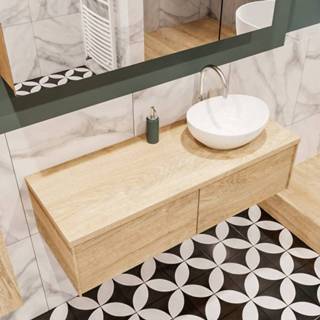 👉 Badmeubel washed oak mat melamine MONDIAZ LUSH 120cm 2 lades wastafel BARCO rechts 1 kraangat A40138WOA1BARCO 6011438282214