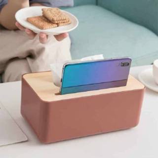 👉 Ladebox roze active Gegroefde Home Woonkamer Tissue Box met Log Cover, Telefoonhouder Functie (Dark Flesh Pink)