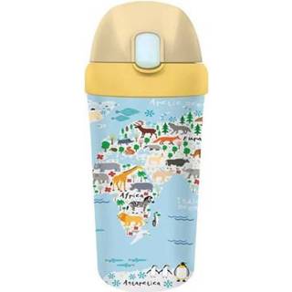 👉 Beker blauw kinderen PLA/plant bioloco met rietje voor 400ml - wereldkaart dieren 4260595852811