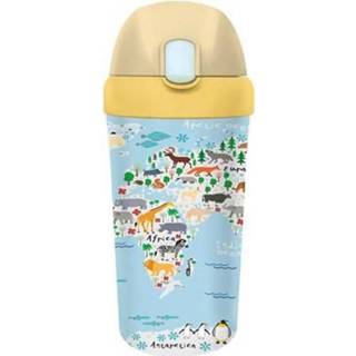 👉 Beker blauw kinderen PLA/plant bioloco met rietje voor 400ml - Bloemen en Dieren 4260595852859