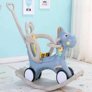 👉 Babyschommelstoel blauw houten active baby's Baby-hobbelpaard multifunctionele muzikale rit op speelgoed (blauw met dinerbord)