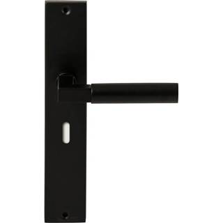 👉 Deurkruk zwart RVS mat Hardbrass Rhodos op rechthoekig langschild sleutel 56mm 8717727151008
