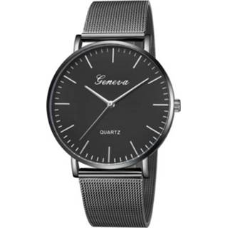 👉 Quartz horloge zwart active mannen vrouwen Geneva Fashion Heren Dames Mesh roestvrij stalen horlogeband (zwart)
