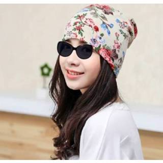 Muts beige active vrouwen Herfst en winter dames katoenen met bloemenprint Winddichte warme muts, maat: 50-60cm (kleine bloemen)