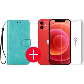 👉 Portemonnee leer turkoois IPhone 12 Hoesje - Book Case Wallet Apple Turquoise + Gratis Screenprotector 8720604573824