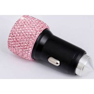 👉 Mobiele telefoon roze active Diamond Car Dual USB Charge Safety Hammer Charger (roze)