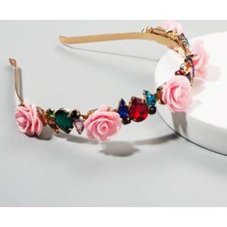 👉 Hoofdband roze stof glas diamant active vrouwen Bloem Kroon Vrouwelijke Super Flash Set Catwalk Bruids (Roze)