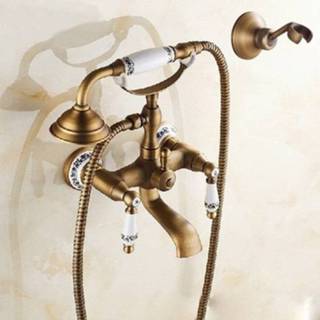 👉 Badkraan messing keramiek active Antiek wandmontage badkamer dubbele handgrepen telefoon stijl handdouche, specificatie: douche + vaste zitting