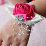 👉 Bloemcorsage magenta diamant satijn active Handgemaakte bruiloft bruid pols bloem corsages boeket corsage roos bloemen (magenta)