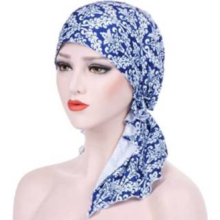 👉 Tulband m klein active Stretch bedrukte grote staart hoed bloem doek gebogen hoed, maat: 56-58cm (klein bloemenblauw)