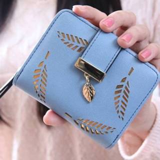 👉 Handtas blauw active vrouwen Lady Short Purse Zipper Buckle Hollow Leaf Wallet (blauw)