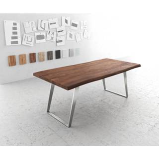 👉 Eettafel bruin roestvrijstalen XL DELIFE Edge 200x100 acacia roestvrijstaal schuin 4251487147245