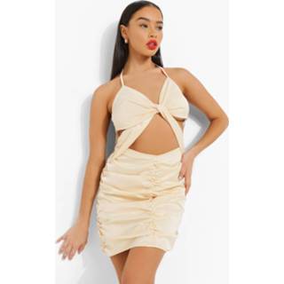 👉 Gedraaide Satijnen Mini Jurk Met Uitsnijding, Cream