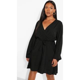 👉 Plus Wikkel Jurk Met Franjes En Lange Mouwen, Black