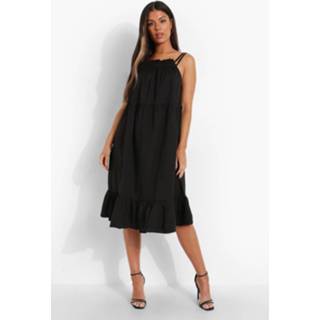 👉 Katoenen Midi Jurk Met Dubbele Bandjes En Geplooide Zoom, Black