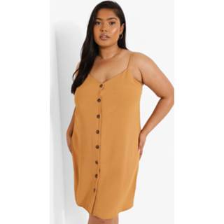 👉 Plus Swing Mini Jurk Met Bandjes En Knoopjes, Mustard