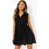 👉 Gesmokte Mouwloze Blouse Jurk Met Laagjes, Black