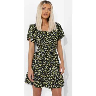 👉 Gesmokte Bloemenprint Skater Jurk Met Engelenmouwen, Yellow