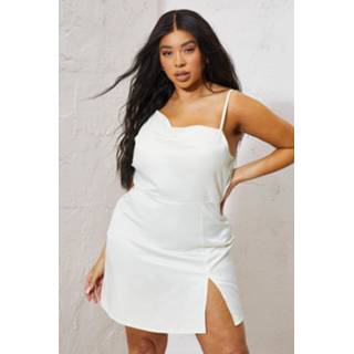👉 Plus Satijnen Asymmetrische Mini Jurk Met Waterval Hals, Cream