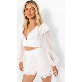 👉 Dobby Mesh Broderie Blouse Met Ruches, Ivory