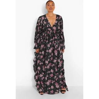 👉 Plus Geweven Bloemen Maxi Jurk Met Ruches, Black