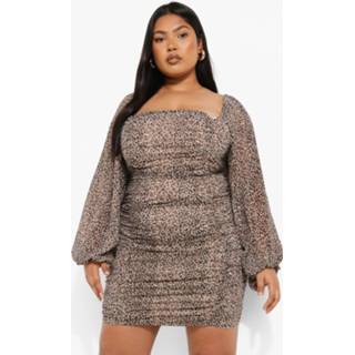 👉 Plus Geplooide Chiffon Luipaardprint Mini Jurk, Leopard