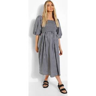 👉 Zwangerschap Gingham Midi Jurk Met Pofmouwen, Black