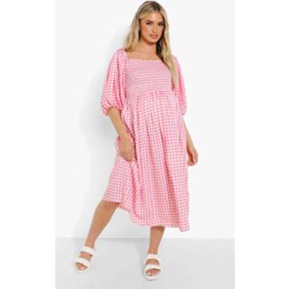 👉 Zwangerschap Gingham Midi Jurk Met Pofmouwen, Pale Pink