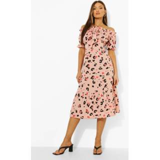 👉 Gesmokte Luipaardprint Midi Jurk Met Uitgesneden Hals, Pink