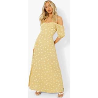 👉 Jurk mustard Gingham Bloemenprint Maxi Met Pofmouwen En Uitgesneden Hals,