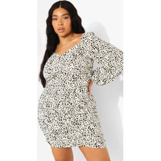 👉 Plus Geweven Geplooide Dierenprint Midi Jurk, Ivory