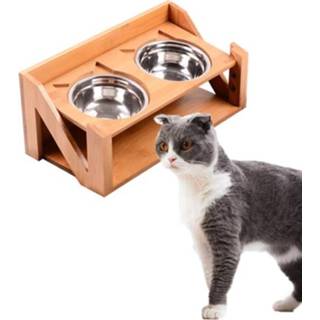 👉 Eettafel bamboe houten active Hijskat Verstelbare Hoogte Hellende Kattenbak, Specificatie: N Kom Roestvrijstalen