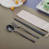 👉 Lepel zwart active 3 stuks / set creatieve roestvrijstalen vork eetstokjes draagbare servies set, kleur: