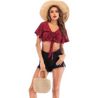 👉 Short sleeve zwart XL active vrouwen Dot Pattern Exposed Navel Women Drawstring-Strap Blouse Top Summer Chiffon Shirt (Kleur: Maat: XL)