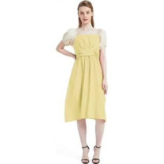 👉 Retro jurk geel s active One-neck korte mouw taille (kleur: maat: S)