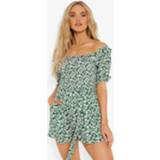 👉 Bloemenpatroon Romper Met Open Schouders En Ceintuur, Green