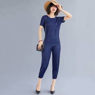 👉 Casual broek marineblauw active Eenvoudige en modieuze tweedelige set met korte mouwen, losse kleine hoek (kleur: Maat: gratis maat)
