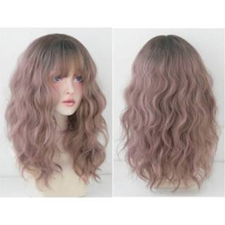 👉 Pruik roze bruin active vrouwen Dameswol lang haar met pony natuurlijke pluizige pruik, kleur: (bruin bovenop) 54cm